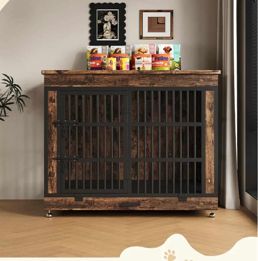 Furniture-Style Storage Dog House with Indoor Pet Kennel with Top Cabinet for Small/Medium Dogs