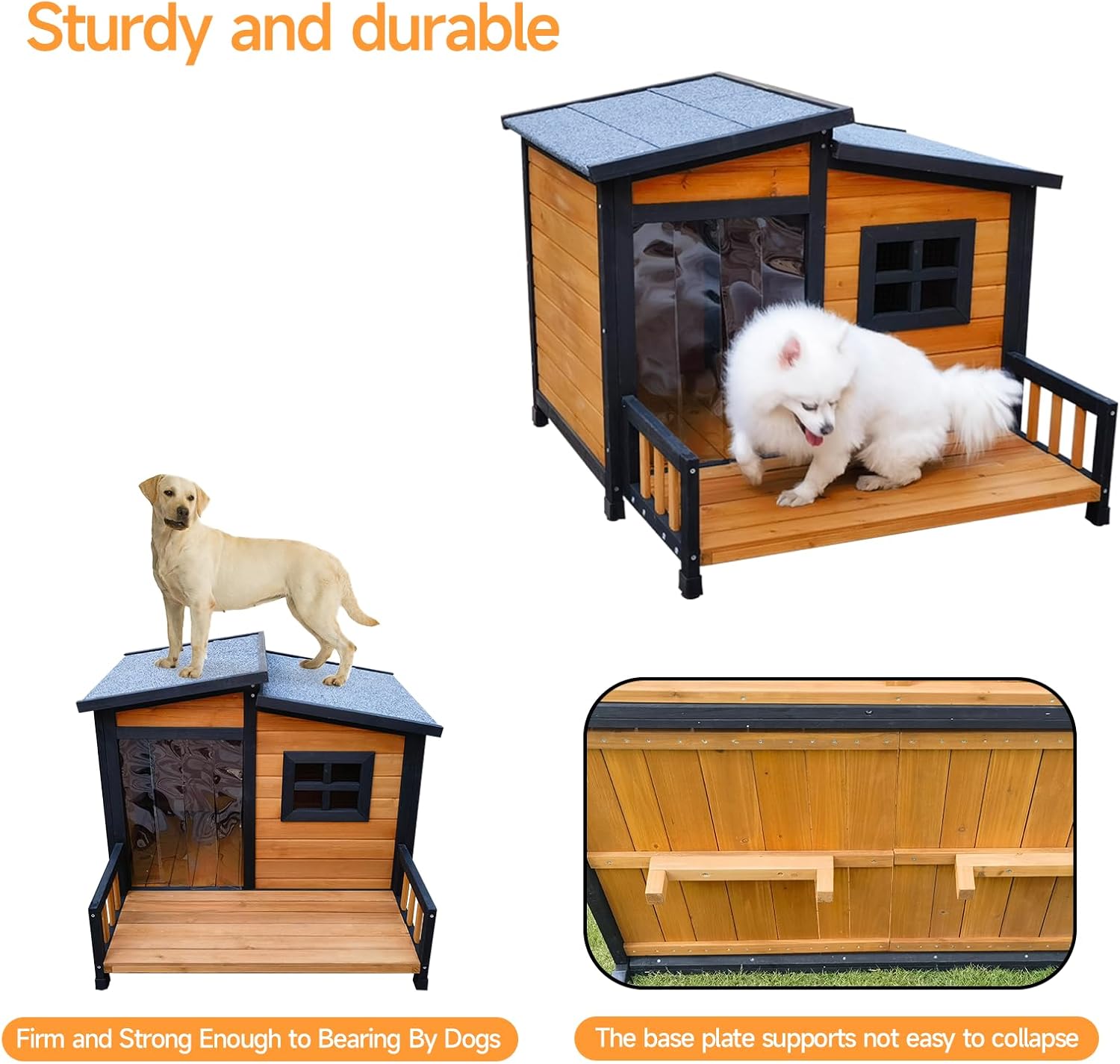 Weatherproof Foldable Wooden Outdoor Indoor Dog House with Spacious Porch and Waterproof Roof
