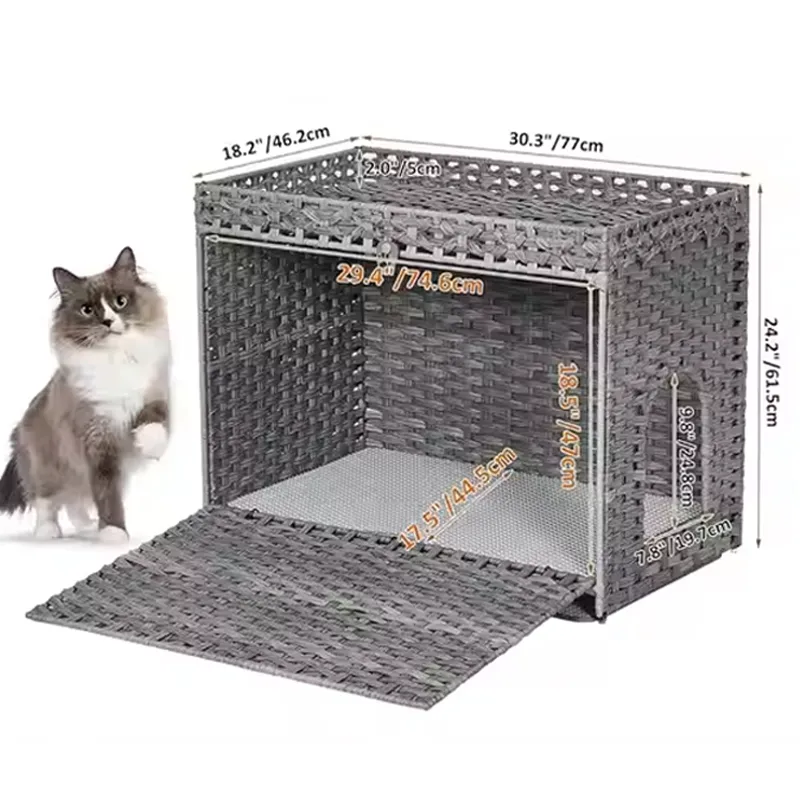 Luxury Collapsible Foldable Pet Basket Indoor Rattan Cat House with Animal Pattern for Living Room