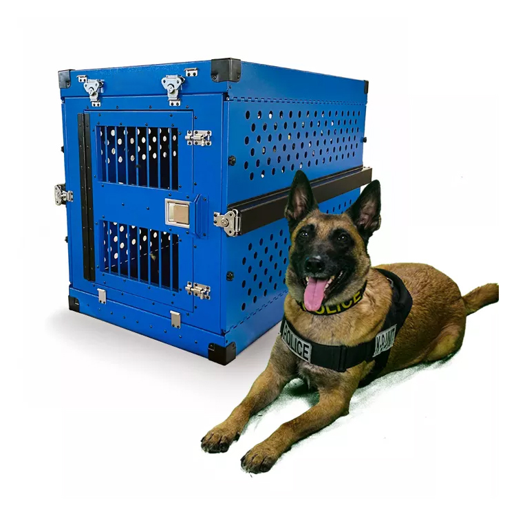 Wholesale XXL Blue Aluminum Solid Collapsible Dog Crate Heavy Duty Impact Car Transport Cage with Plastic Tray