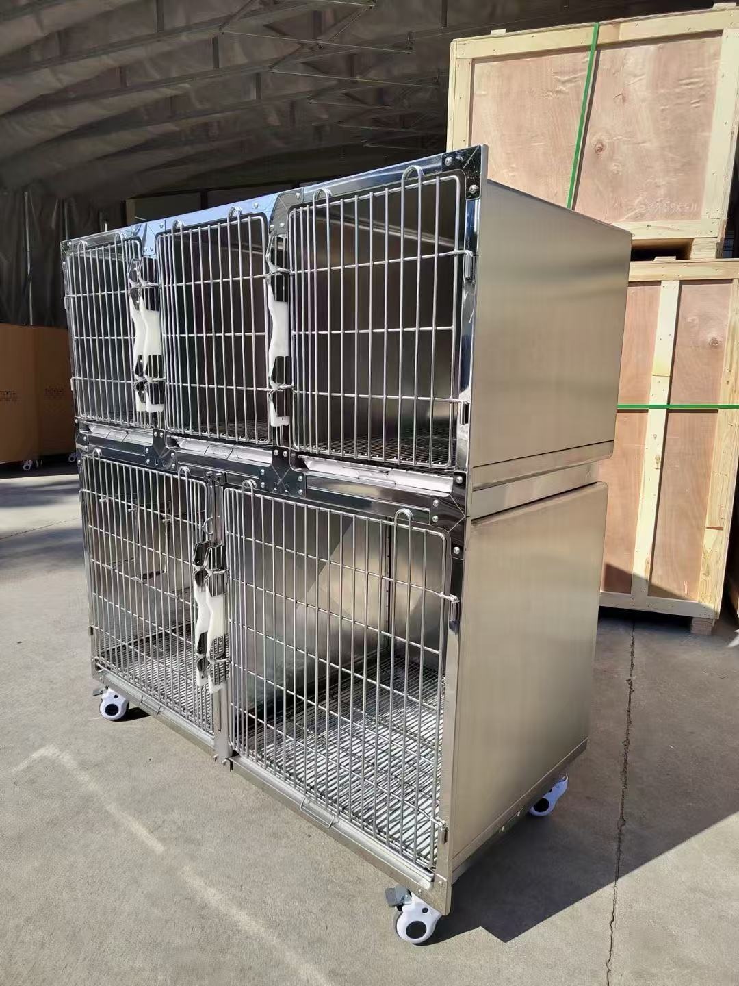 Five-position Simple Stainless Steel Rectangular Dog Cage Portable Movable Foldable Pet Hospital Kennel with Brake Wheel