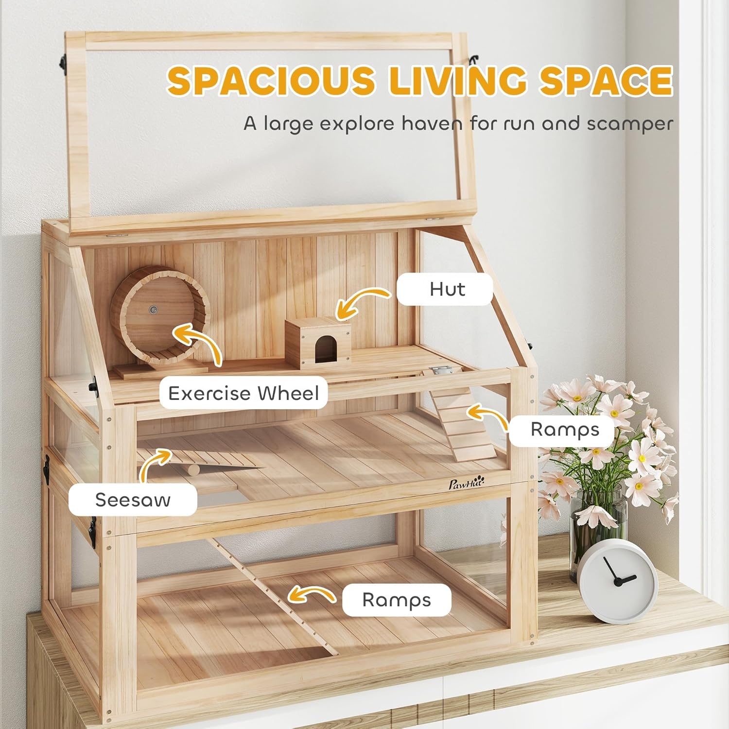 Luxury Modern Wood Hamster Gerbil Cage 3-Tier Detachable 31cm Deep Bottom Hut Seesaw Exercise Wheel Ramps Eco-Friendly Natural