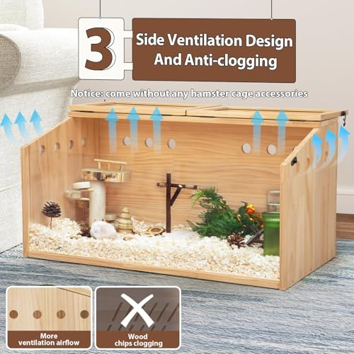 Small Animal Cage Large Hamster Habitats Enclosure Wooden Hamster Cage with Acrylic Window &amp; Openable Top