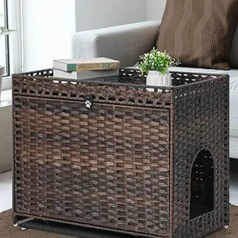 Luxury Collapsible Foldable Pet Basket Indoor Rattan Cat House with Animal Pattern for Living Room
