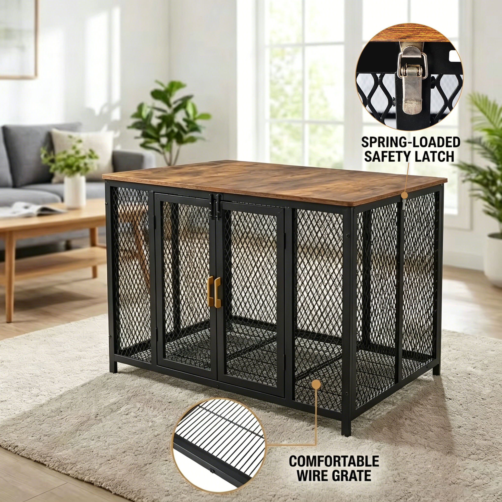 Furniture Style Dog Crate Indoor End Table Wooden Dog Cage with Double Doors for Large Medium Dogs