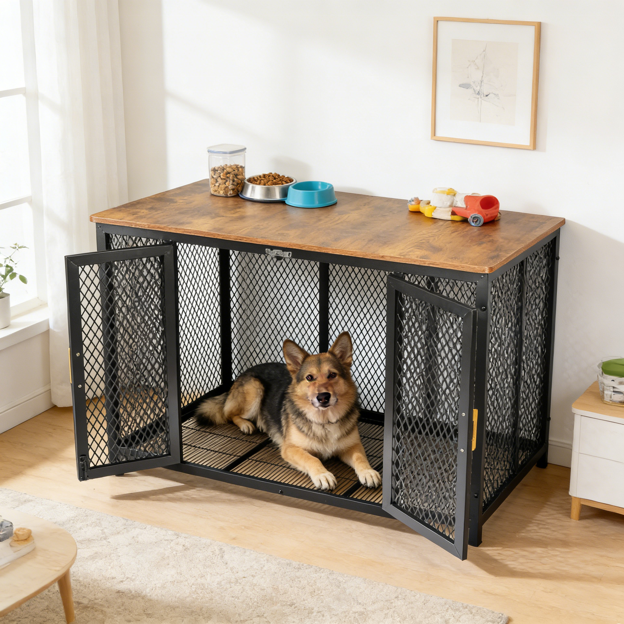 Furniture Style Dog Crate Indoor End Table Wooden Dog Cage with Double Doors for Large Medium Dogs