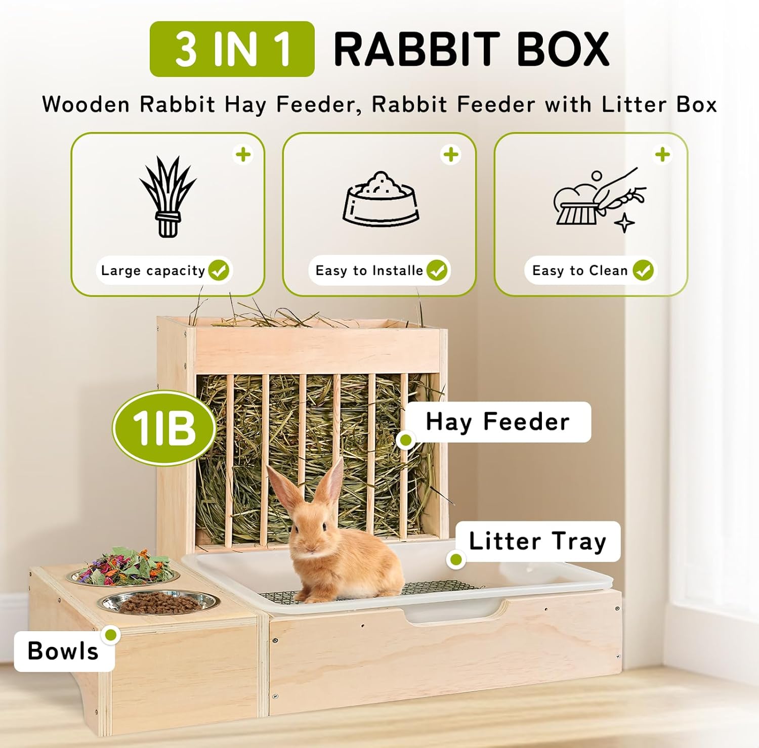 4 In 1 Rabbit Hay Feeder With Litter Box Wooden Bunny Feeder Manger Hay Holder Rack Toilet For Guinea Pig Hamster Small Animals