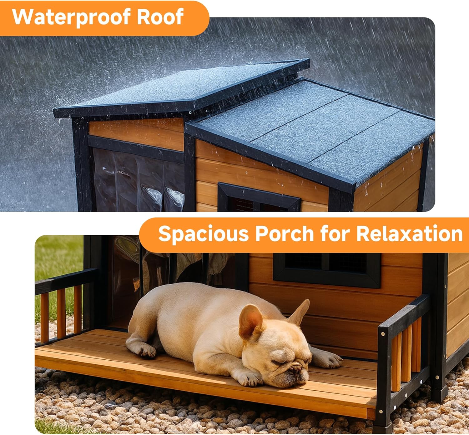 Weatherproof Foldable Wooden Outdoor Indoor Dog House with Spacious Porch and Waterproof Roof