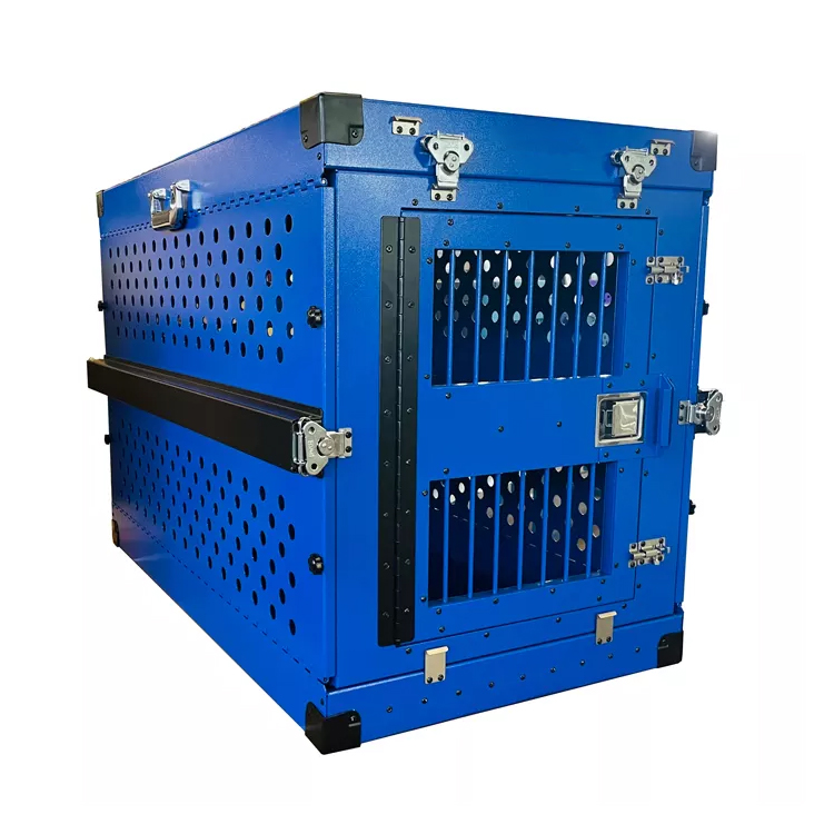 Wholesale XXL Blue Aluminum Solid Collapsible Dog Crate Heavy Duty Impact Car Transport Cage with Plastic Tray
