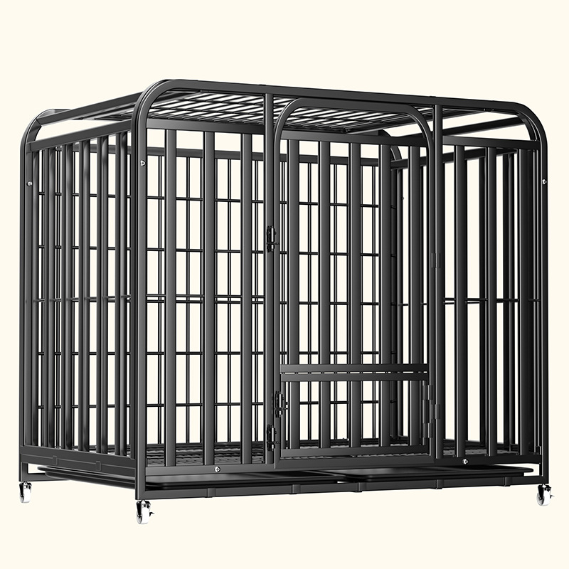 Three Side Tube Metal Dog Cage Heavy Duty Thick Wire Chewproof Easy Clean Removable Tray Rolling Wheels Indoor Outdoor Living