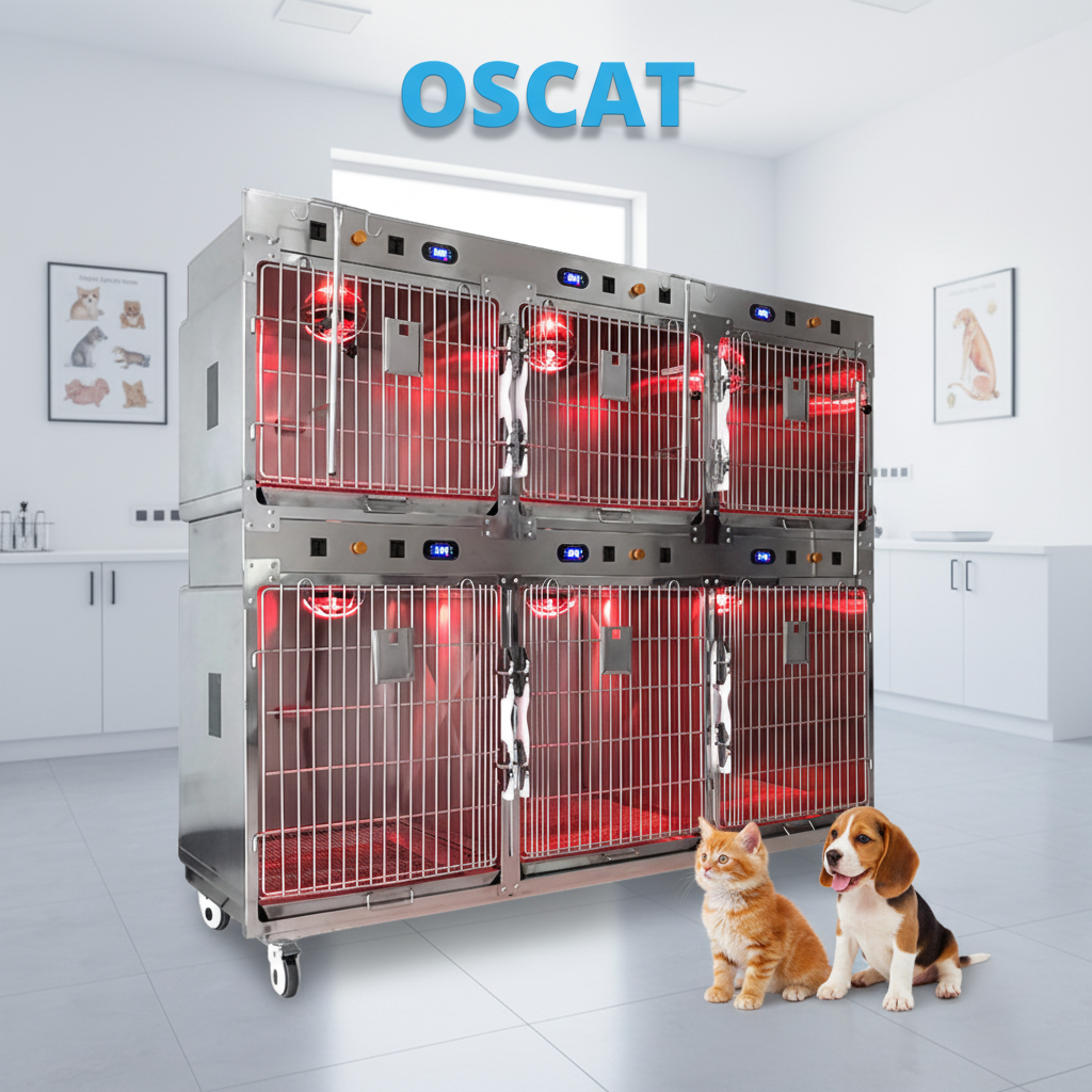 OSCAT Veterinary Equipment Heavy Duty Stainless Steel Clinic Use Animal Cage Five House Large Dog Kennel Crate With Wheels