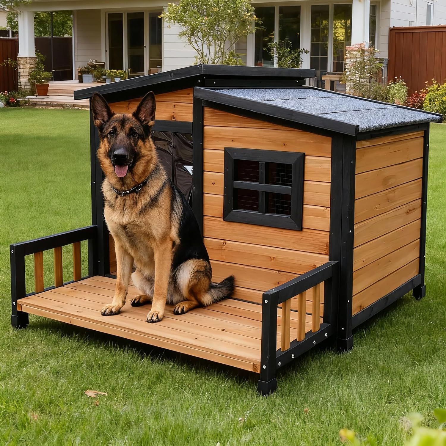 Weatherproof Foldable Wooden Outdoor Indoor Dog House with Spacious Porch and Waterproof Roof