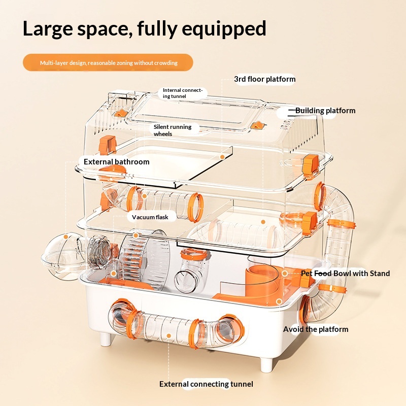 All-in-One 3-Story Hamster Cage, Large Multi-Functional Enclosure for Small Pets with Play Area &amp; Hideouts