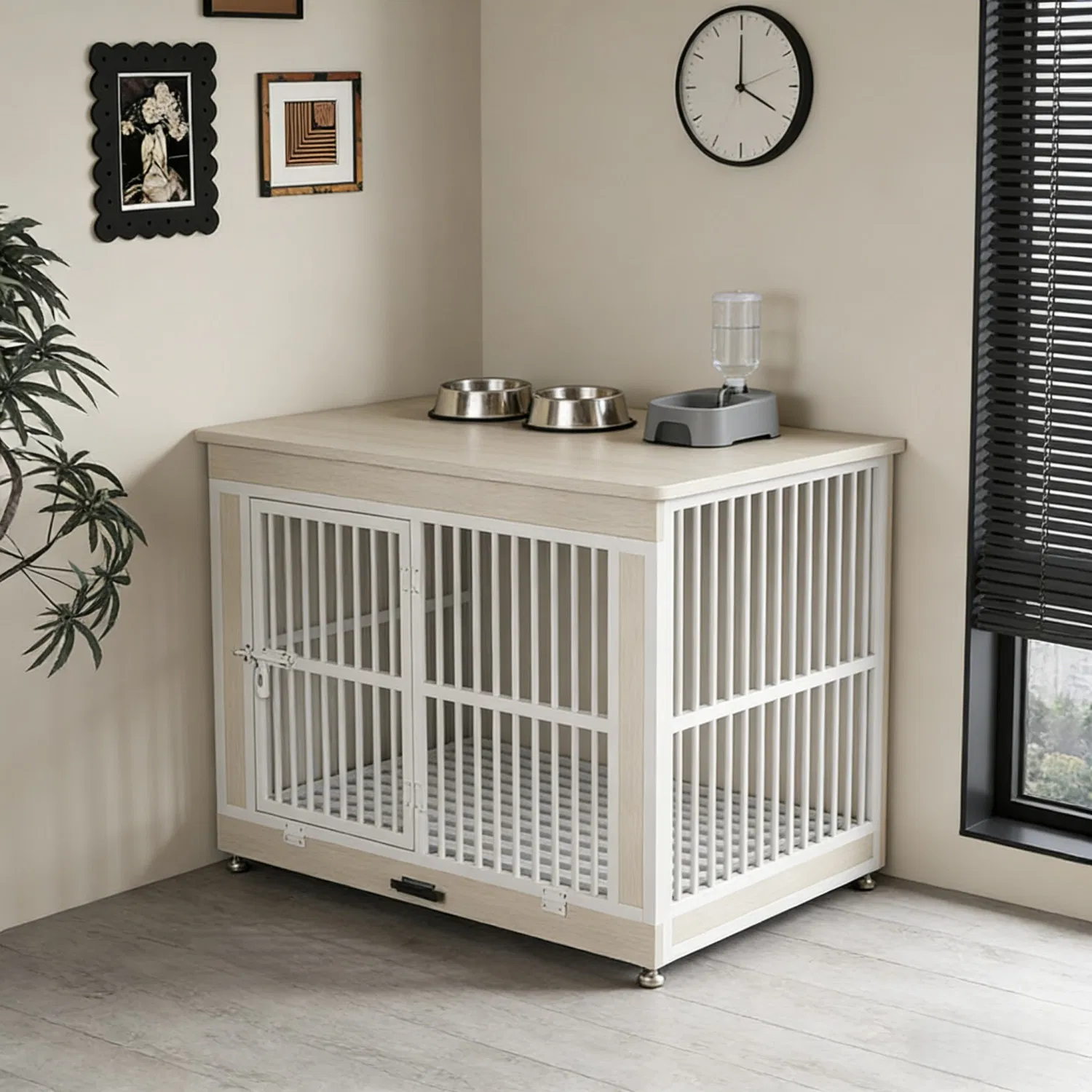 Furniture-Style Storage Dog House with Indoor Pet Kennel with Top Cabinet for Small/Medium Dogs