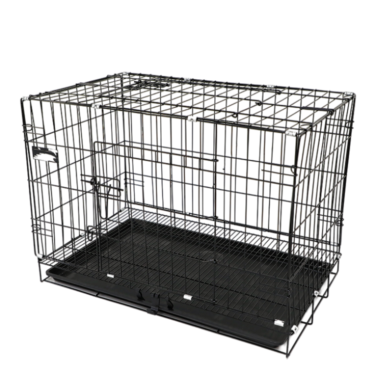 Double Door Pet Dog Kennel Crate Cage with Black Metal Foldable Heavy Duty Large High Quality Indoor Outdoor