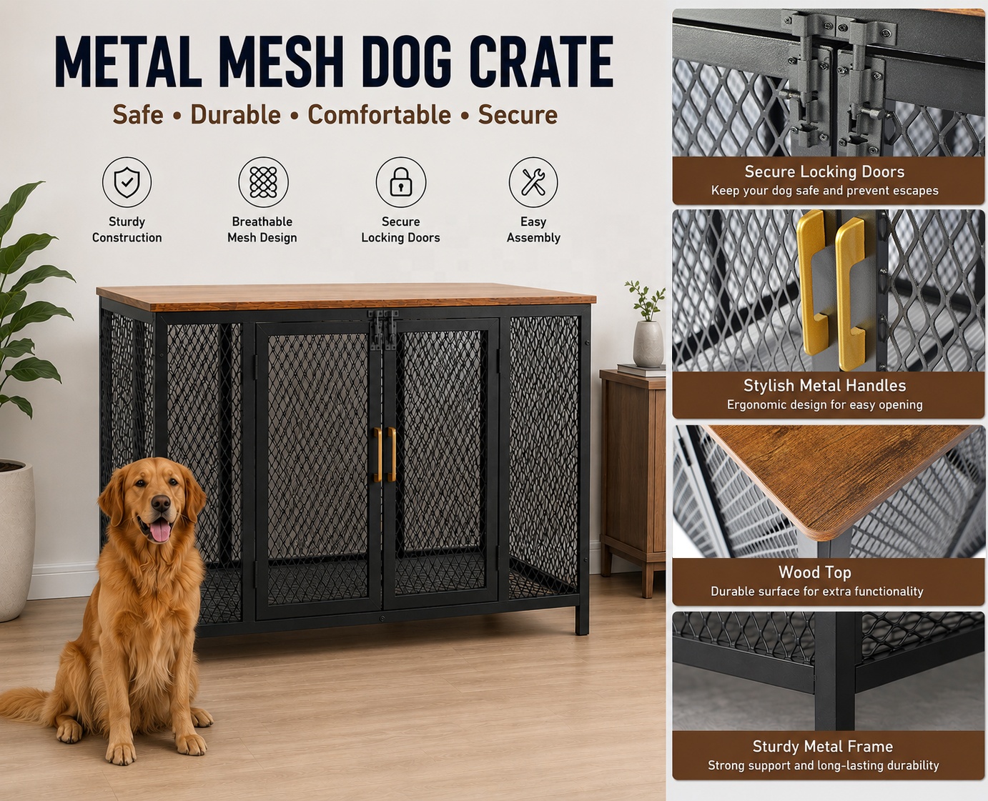 Furniture Style Dog Crate Indoor End Table Wooden Dog Cage with Double Doors for Large Medium Dogs