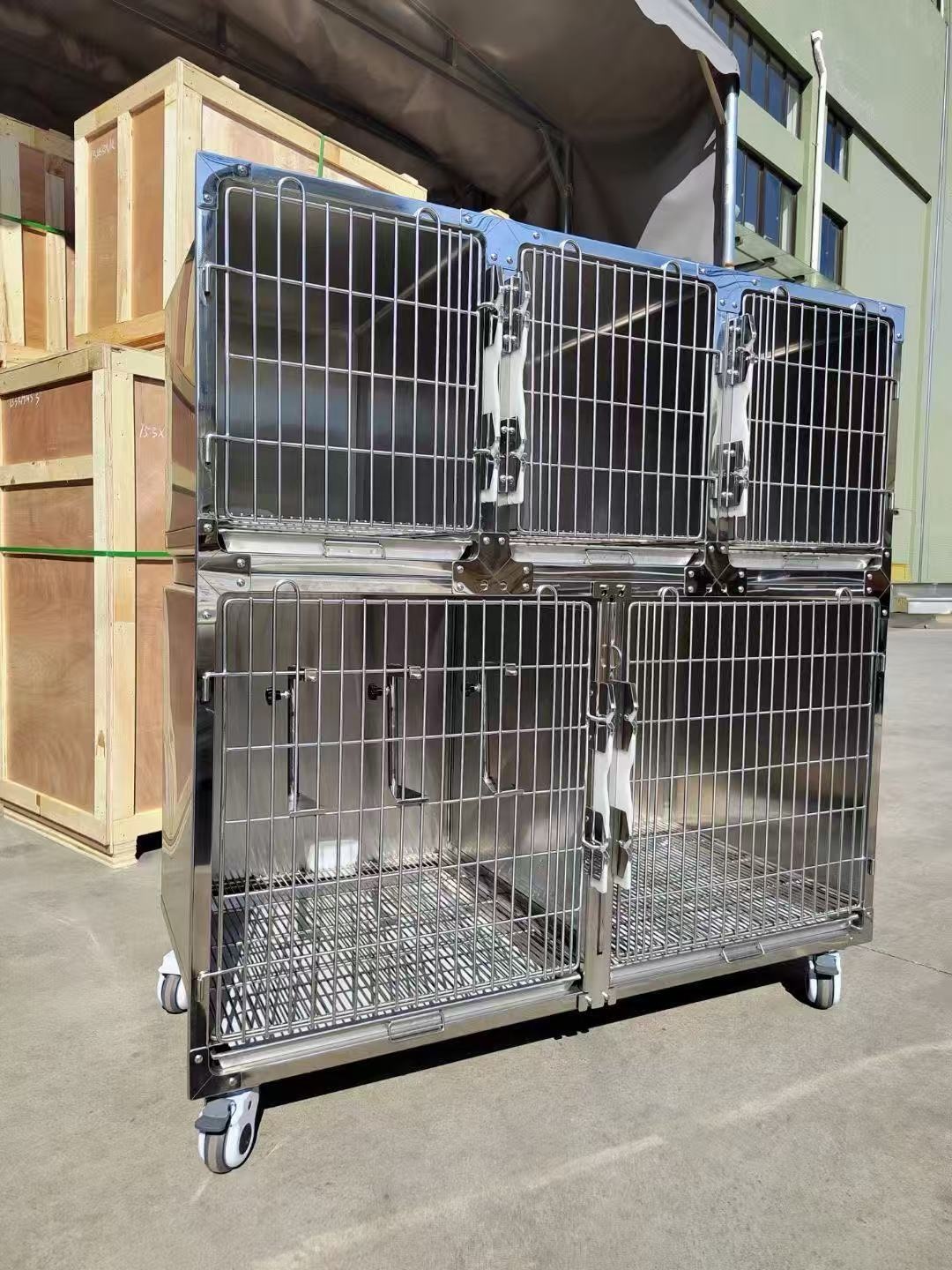 Five-position Simple Stainless Steel Rectangular Dog Cage Portable Movable Foldable Pet Hospital Kennel with Brake Wheel