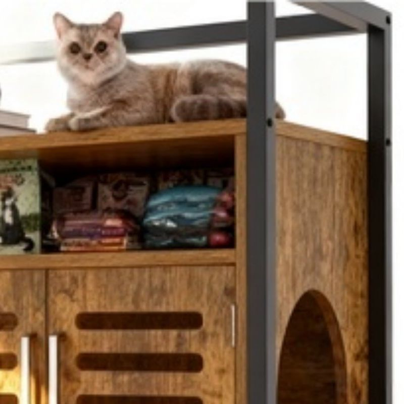 Modern Multi - Function Brown Wood Cat Villa with Black Frame Cat Hideout and Storage Cabinet for Pet Cats House Furniture