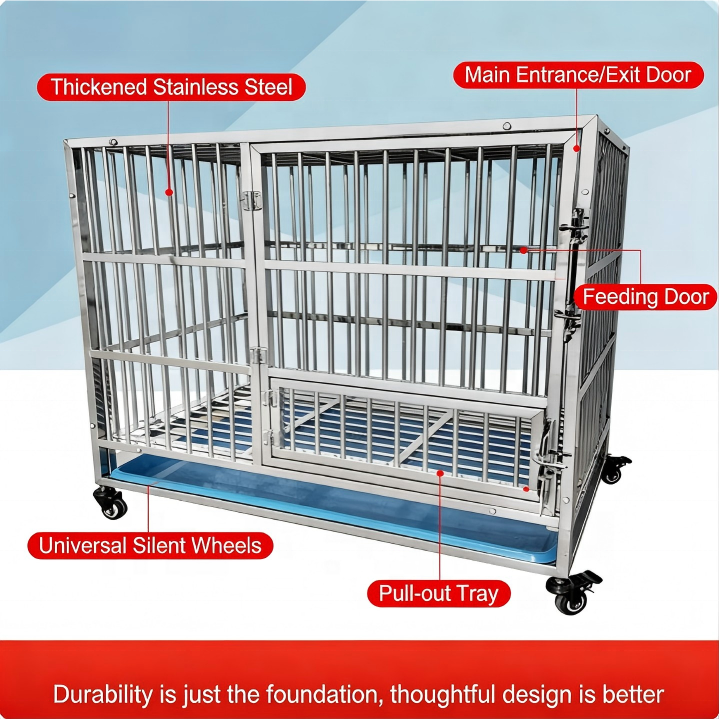 Stainless Steel Dog Crate Heavy Duty Pet Cage with Plastic Tray for Small/Medium/Large Dogs Lockable Houses Indoor/Outdoor Use
