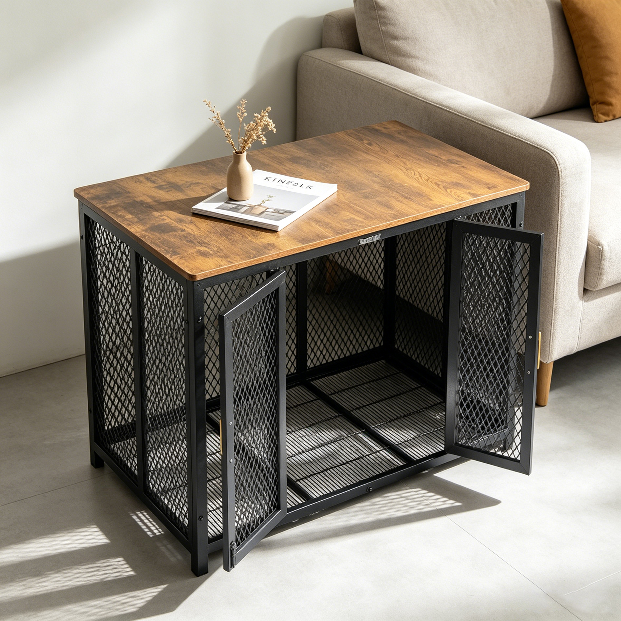 Furniture Style Dog Crate Indoor End Table Wooden Dog Cage with Double Doors for Large Medium Dogs