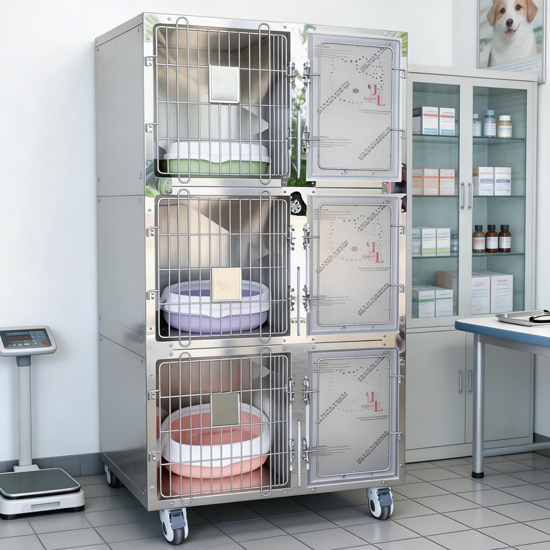 3 Position Stainless Steel Cat Cage Luxury Easy to Clean Cat Hotel Cage with Wheels and Removable Waste Tray