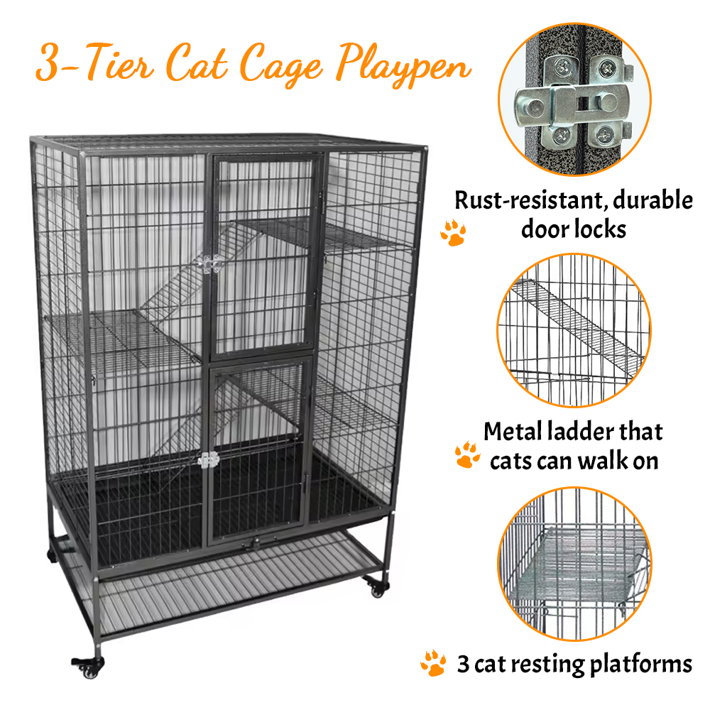 2/3/4-Tier Cat Enclosure Large Metal Pet Houses Indoor Cat House Cage With Wheels