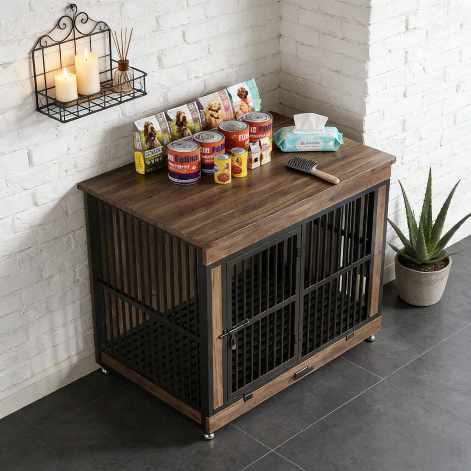 Furniture-Style Storage Dog House with Indoor Pet Kennel with Top Cabinet for Small/Medium Dogs