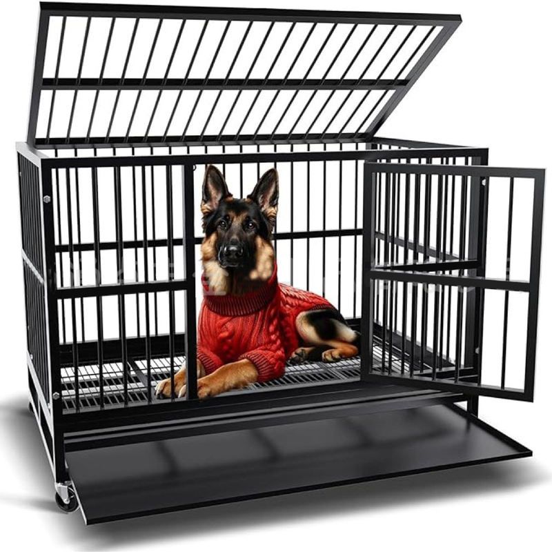 Best Seller Heavy Duty Indestructible Foldable Stainless Steel Dog Crate 36/42/48 Inch Escape Proof Double Door Lock High