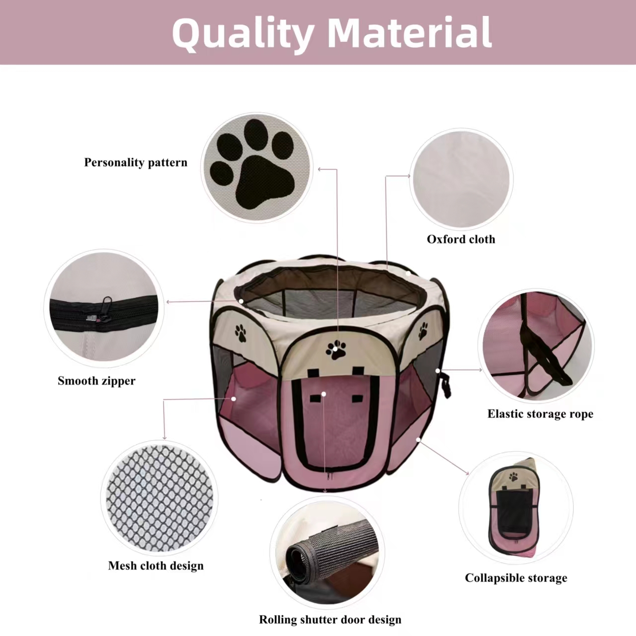 Large Gray Portable Dog Playpen Breathable Oxford Cat Tent Pet Playground/Kennel Zippered Indoor Outdoor Foldable Puppy Crate