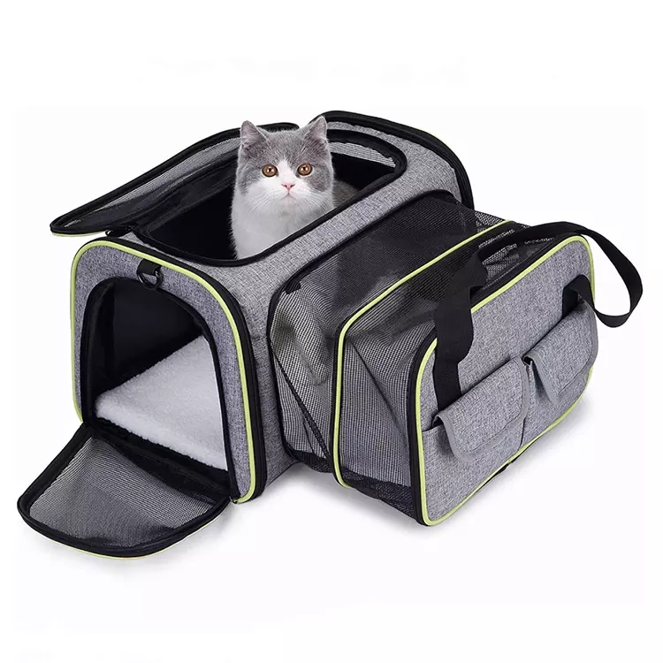 Soft Sided Pet Carrier Airline Approved 2 Sides Expandable Collapsible Cat Carrier With Pockets and Removable Fleece Pad