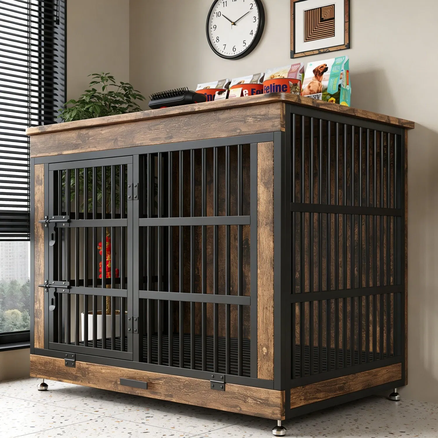 Furniture-Style Storage Dog House with Indoor Pet Kennel with Top Cabinet for Small/Medium Dogs
