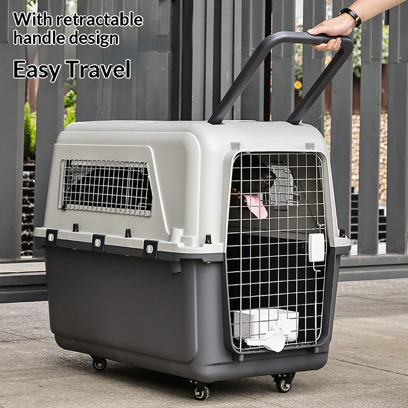 Large Gray Plastic Kennels Rolling Plastic Airline Approved Wire Door Travel Dog Crate Pet Flight Carrier
