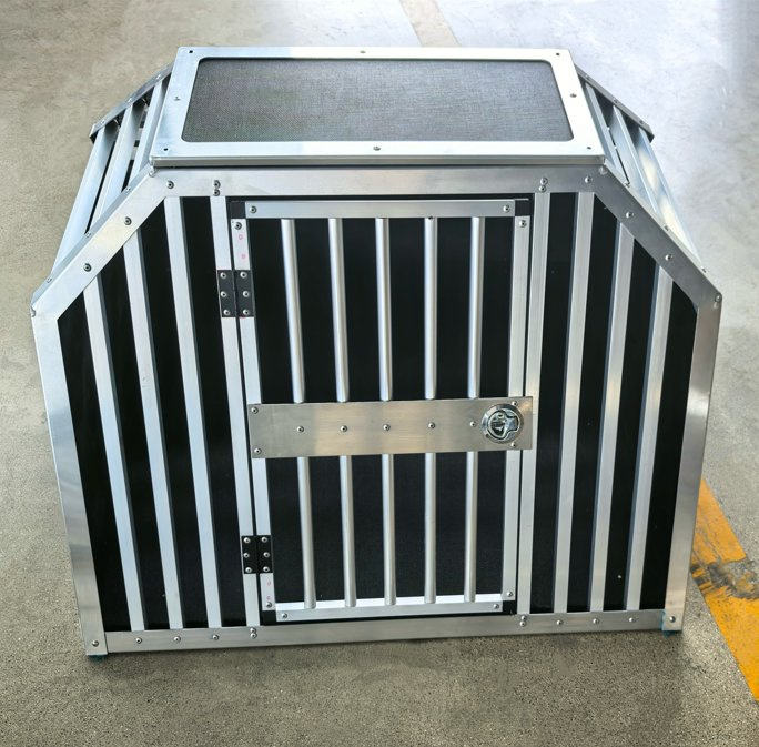 Heavy-Duty Large Aluminum Pet Crate with Divider Panel &amp; Dual Compartment for Secure Vehicle Travel &amp; Pet Transportation