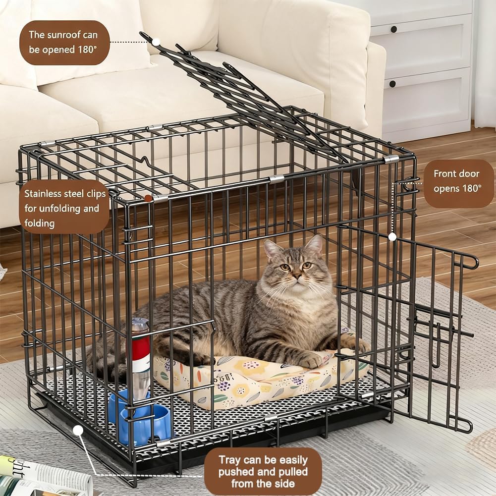 Foldable Metal Dog Puppy Crate Removable Leak-Proof Tray Secure Lock Portable for Small Dogs/Cats/Rabbits-Travel Training Box