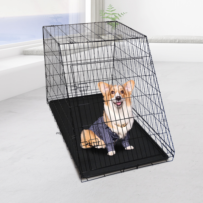 Heavy Duty Sloped Top Wire Pet Cage Breathable Ventilated Inclined Dog Transport Box Easy Clean Tray Collapsible Dog Crate