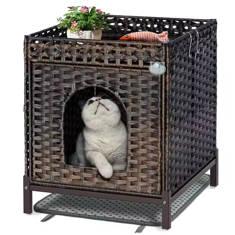 Luxury Collapsible Foldable Pet Basket Indoor Rattan Cat House with Animal Pattern for Living Room