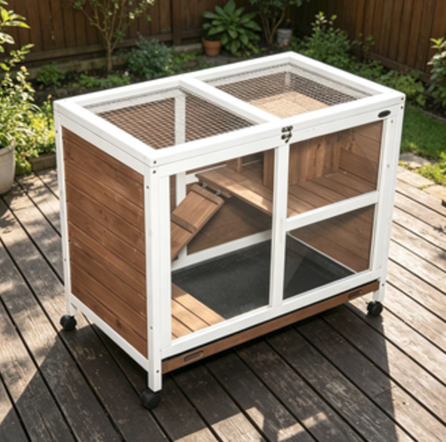 Indoor Luxury Modern Wooden Guinea Pig Cage 2-Story Rabbit Hutch Wheels Eco-Friendly Design Easy Clean Removable Tray