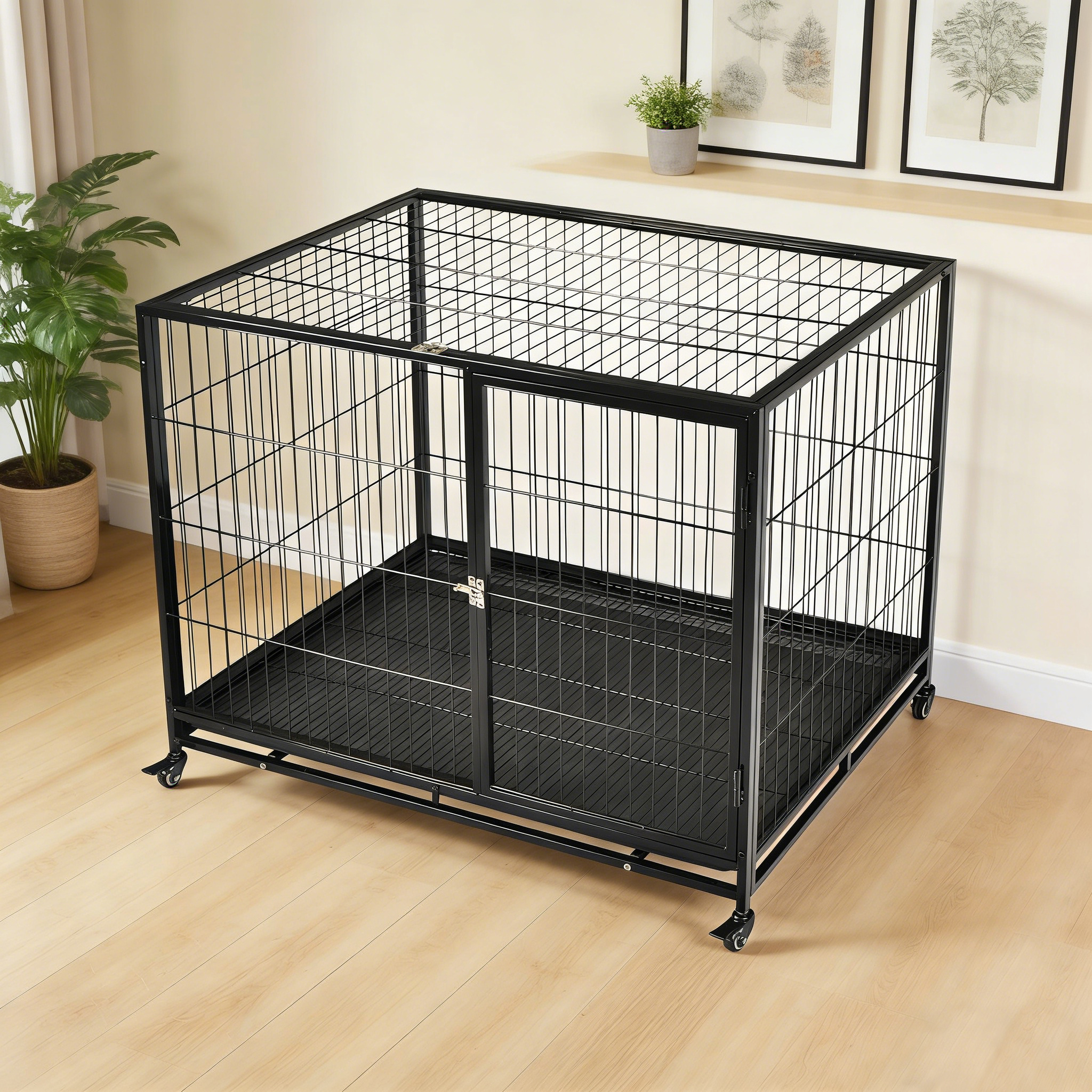 Indoor Metal Dog Cage Heavy Duty Dog Crate Large Kennels with Wheels