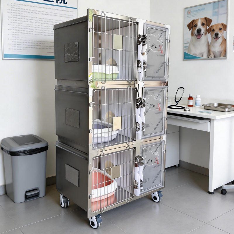 3 Position Stainless Steel Cat Cage Luxury Easy to Clean Cat Hotel Cage with Wheels and Removable Waste Tray