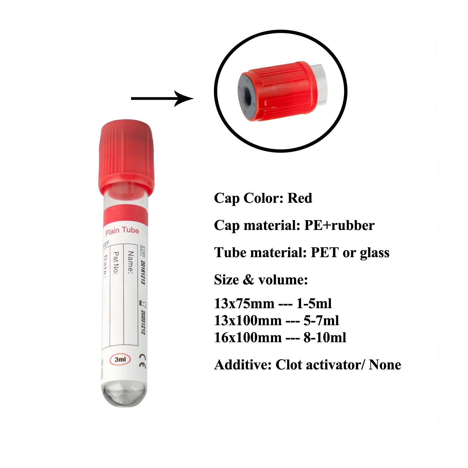 Red Cap Blood Sample Collection Vial Vacuum Plain Tube