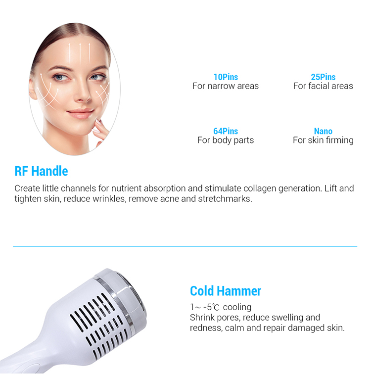 Portable 10p 25p 64p &amp; Nano Tip Radiofrequency Fractionated Gold Rf Skin Tightening Machine 2 in 1 with Cold Hammer