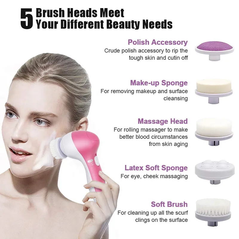 5 in 1 Electric Sonic Battery Facial Wash Deep Clean Blackhead Manual Silicone Face Cleansing Brush