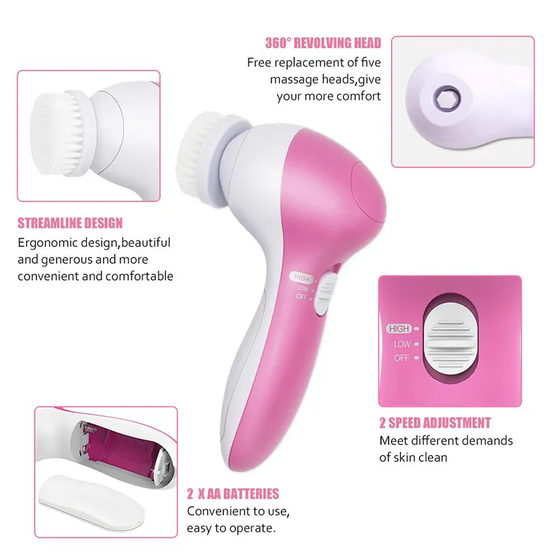 5 in 1 Electric Sonic Battery Facial Wash Deep Clean Blackhead Manual Silicone Face Cleansing Brush