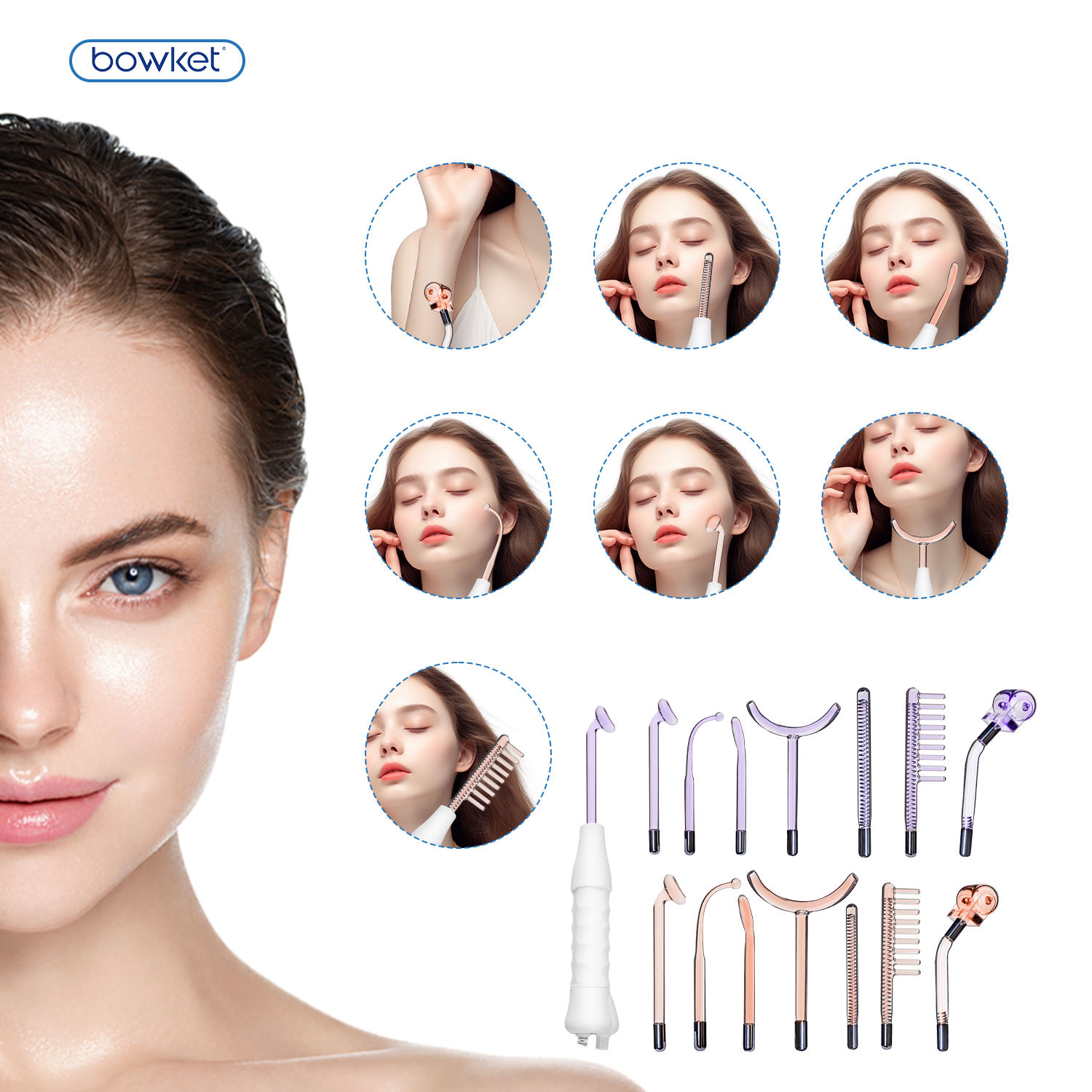 Bowket High Frequency Facial Machine 7 Wands Tube Electrode Argon Gas Skin Tightening and Wrinkle Reducing Beauty Instrumentacne
