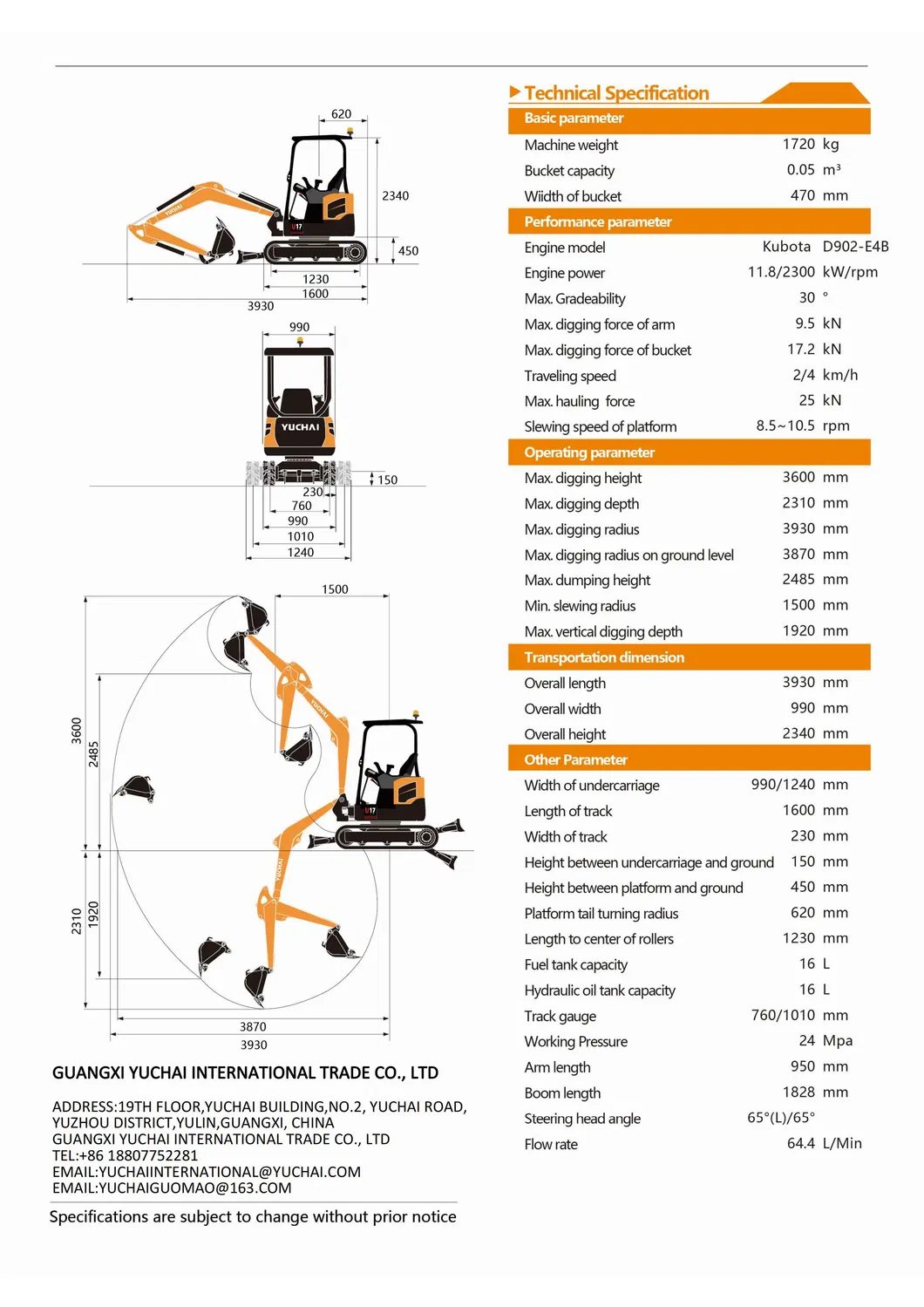 U17 Mini Excavator Side View