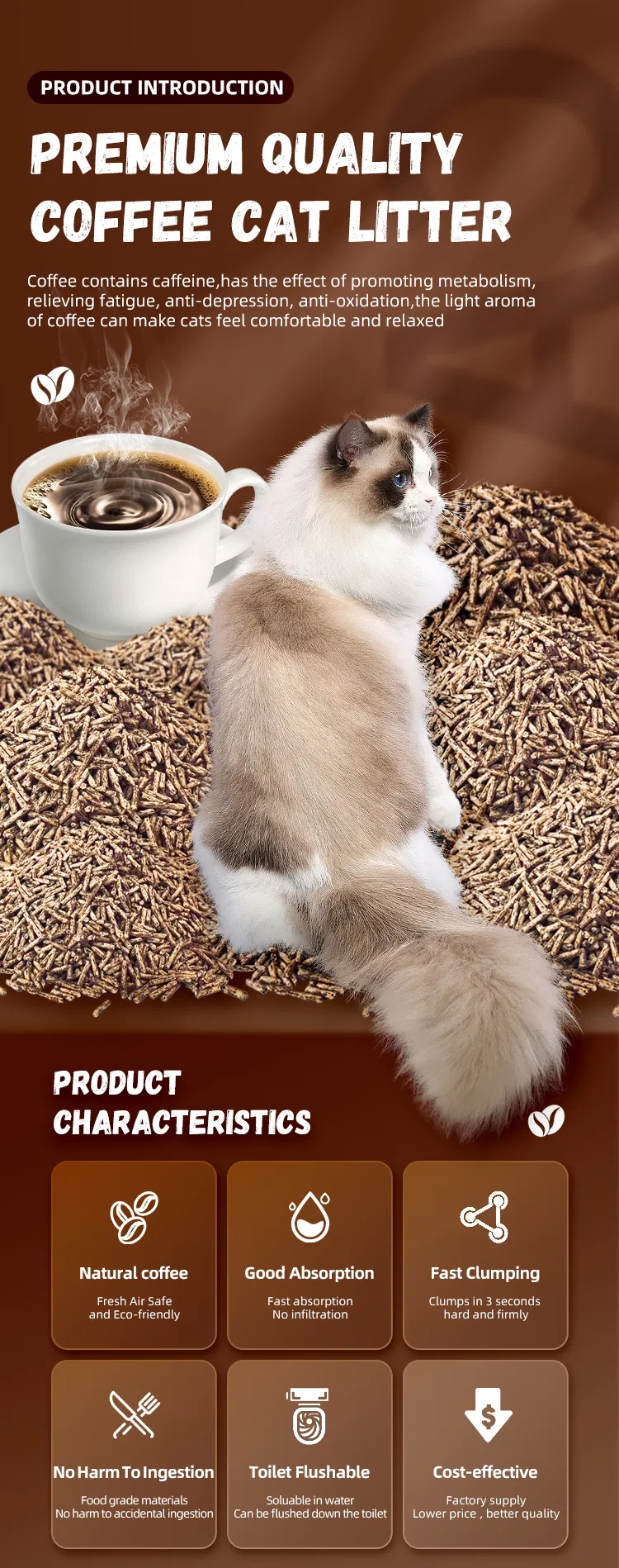 Areia para Gato à Base de Milho Café Tofu Rápida Agregação Profunda Desodorizada Fresca Natural Sustentável Ecológica