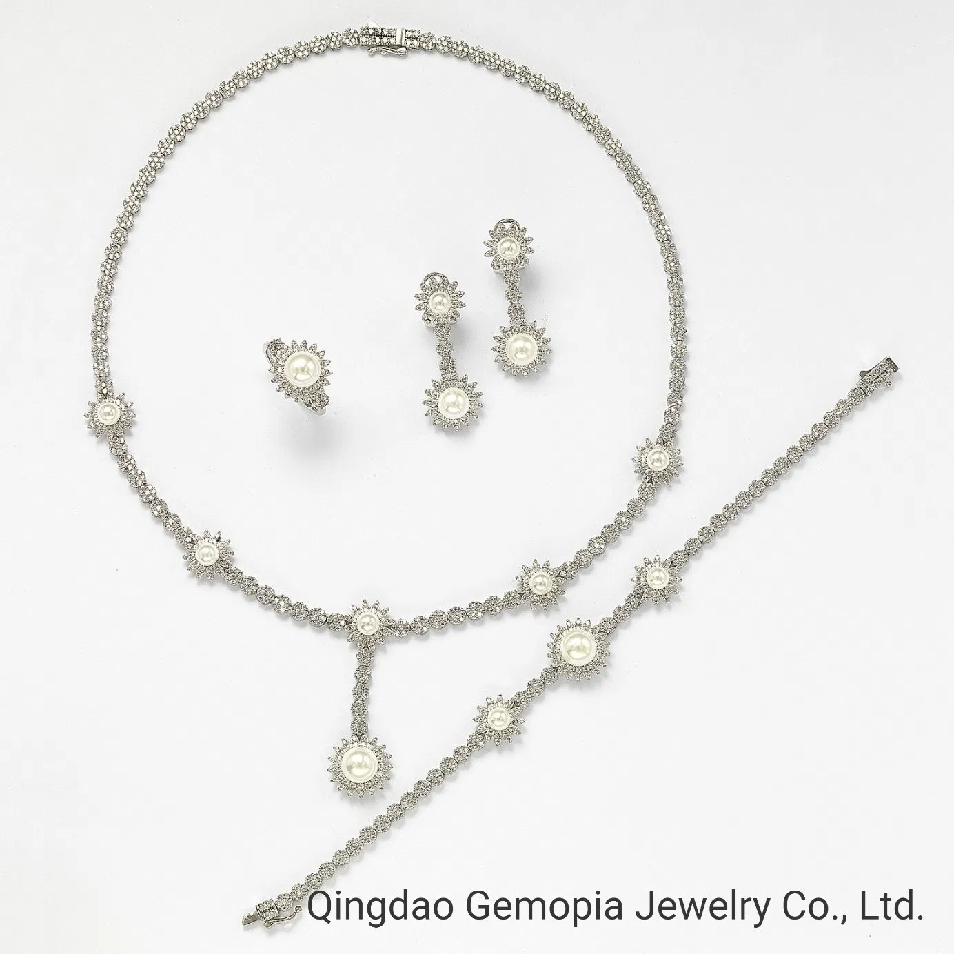 Nova Chegada 925 Conjunto Completo de Joias de Moda Prata com Pérola e Zircônia para Senhora