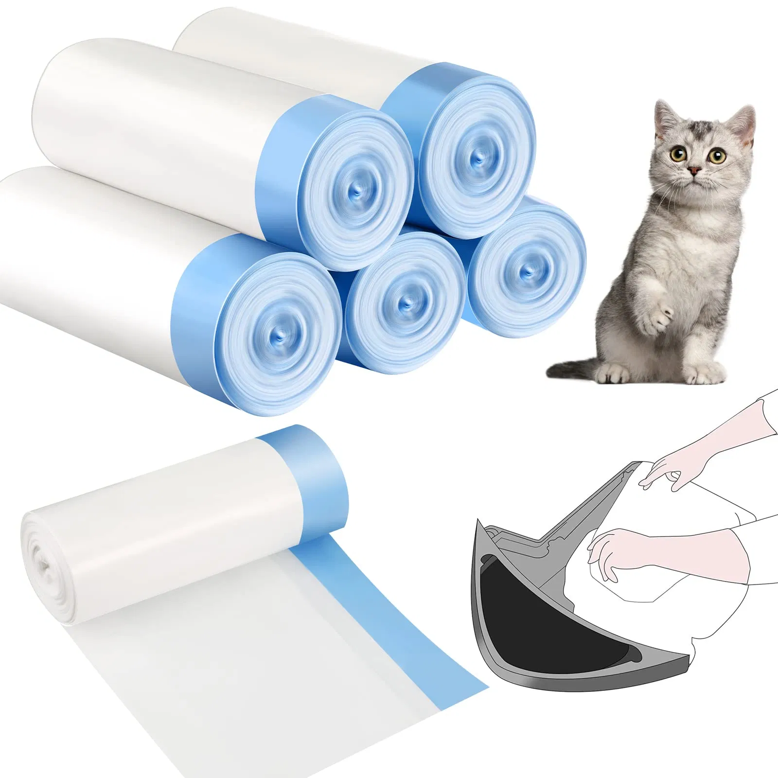 Fabricar Sob Medida 60 PCS Um Rolo de Forros para Caixa de Areia de Gato para Resíduos de Animais à Prova de Vazamentos e Odor Sacos de Substituição para Caixa de Areia Automática Impressão de Aroma OEM ODM Tamanho