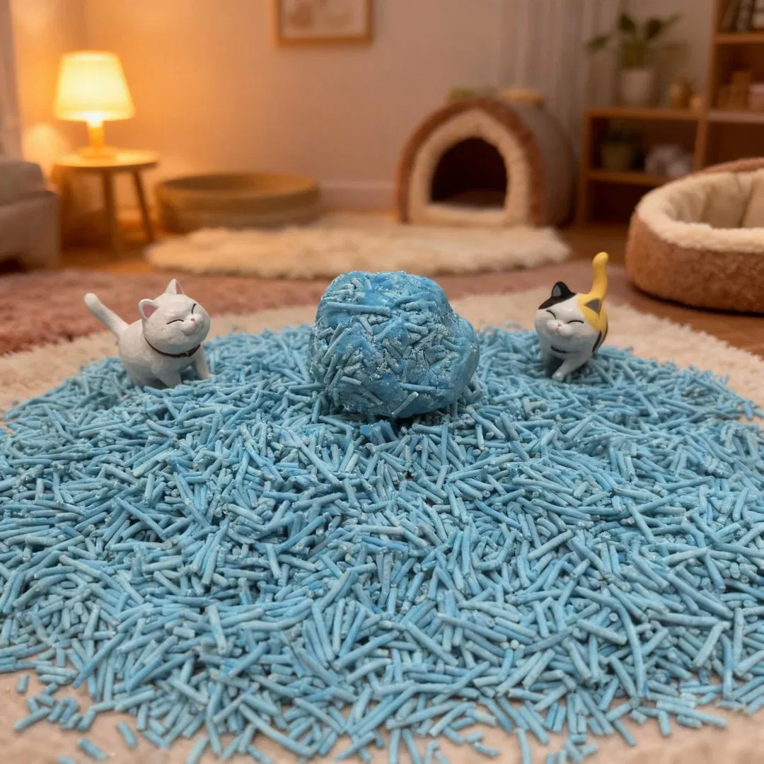 Areia para gatos saborizada à base de plantas feita de fibra de ervilha e amido de milho