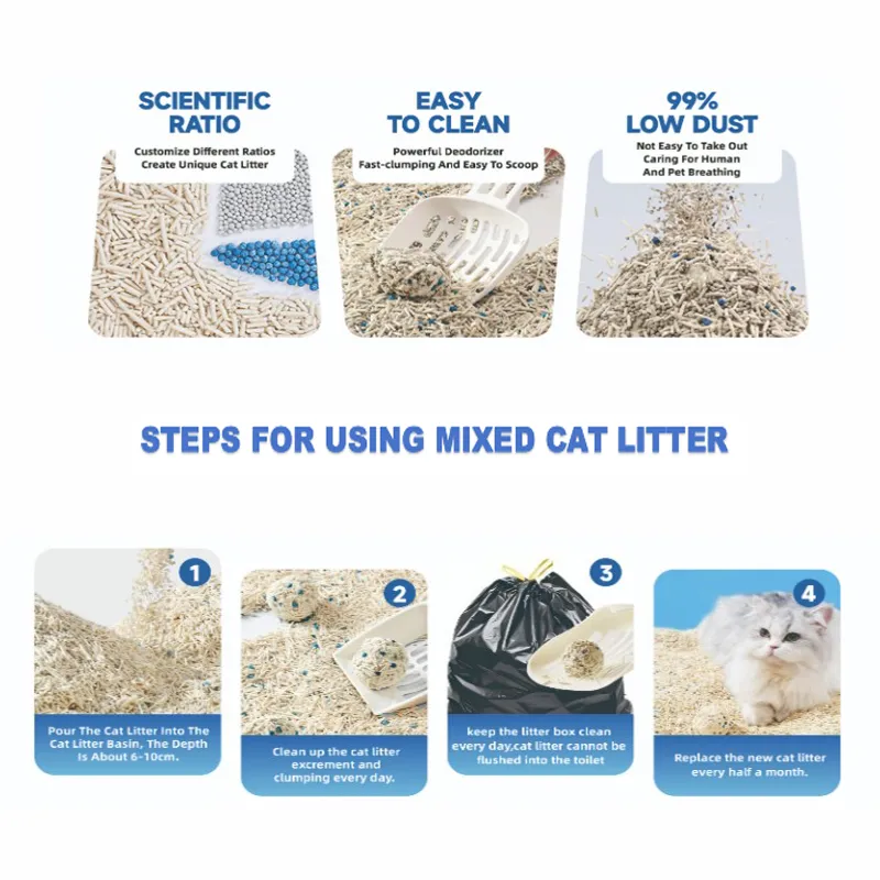 Fabricado na China, areia para gatos de bentonita misturada, aglomerante e biodegradável, acessórios para pets
